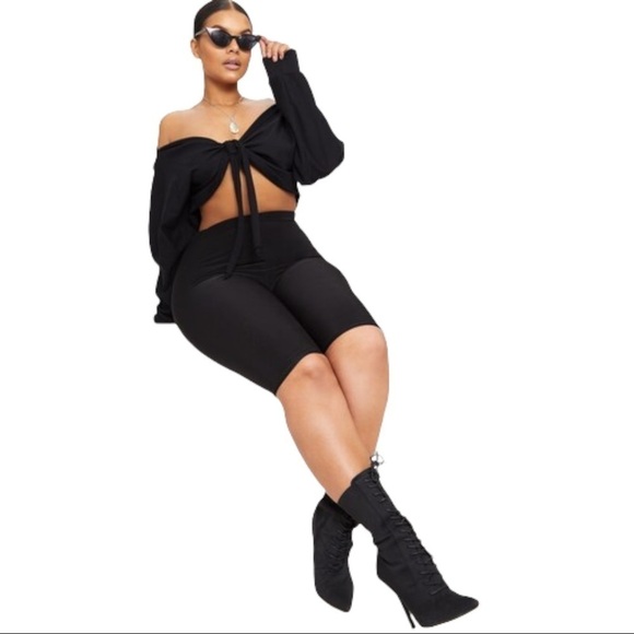 Pretty Little Thing Black Bardot Tie Front Cropped Sweater - Picture 2 of 10